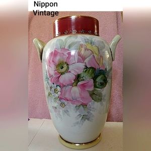 NIPPON 12" TALL Hand Painted Floral & Gold Gilt 2 Handle Vase. 100 yrs old